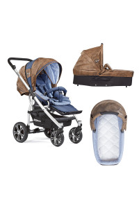 Gesslein Коляска F4 Air +  2 в1 короб+прогулка, накидка на ножки,коричневая кожа/вкладыш голубой