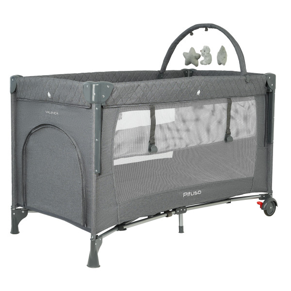 PITUSO Манеж-кровать Valencia, Grey/серый,опуск.бортик, 2 уровня,лаз на молнии